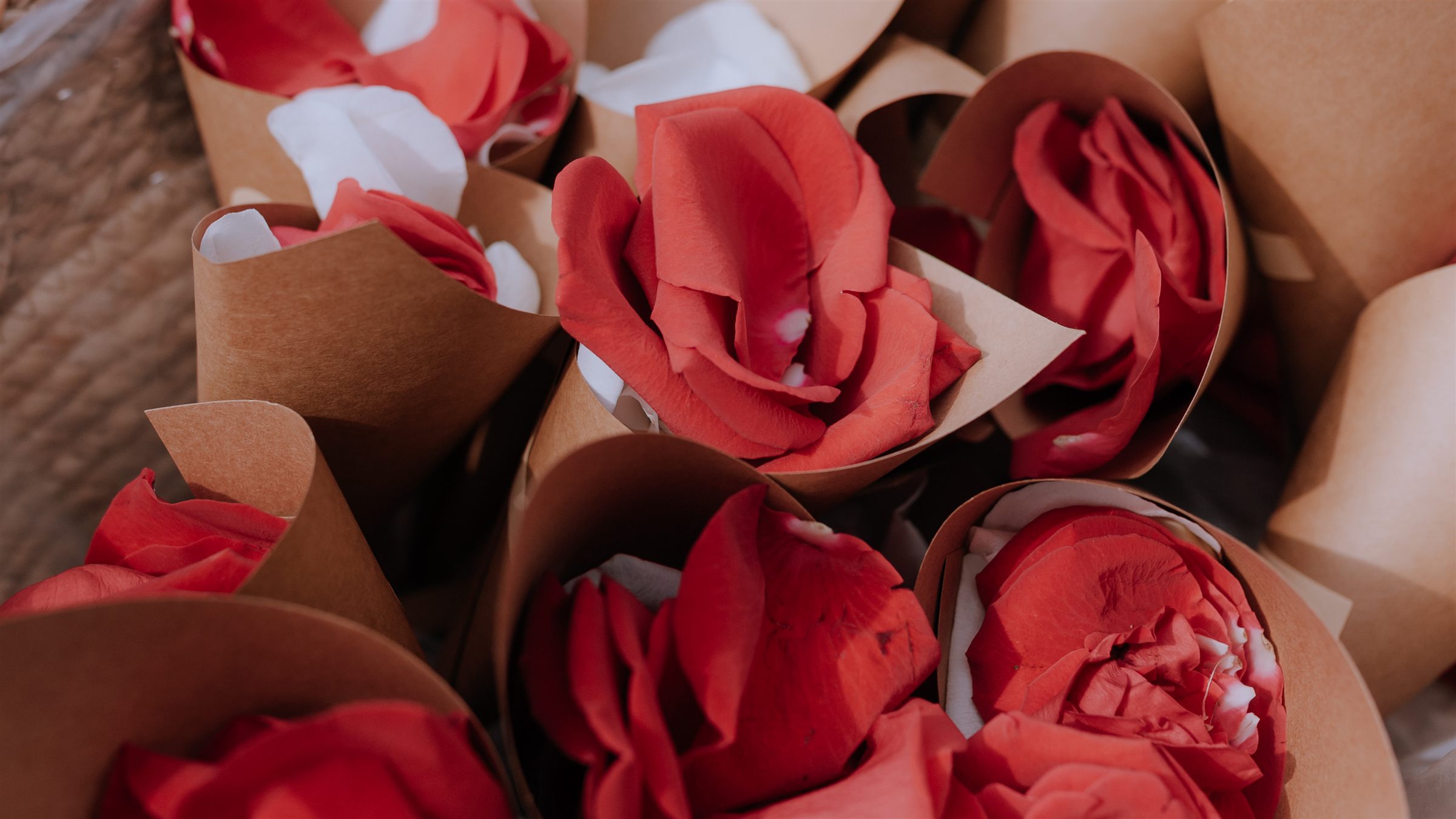 Conos de papel con pétalos de rosa roja para la salida de los novios