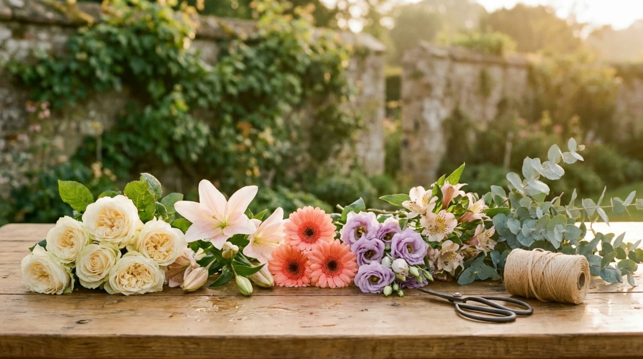 Ramo de novia montándose en un jardín